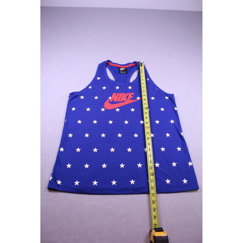 Nike Womens Blue Star Print Racerback Tank Top Orange Logo Size Large Patriotic